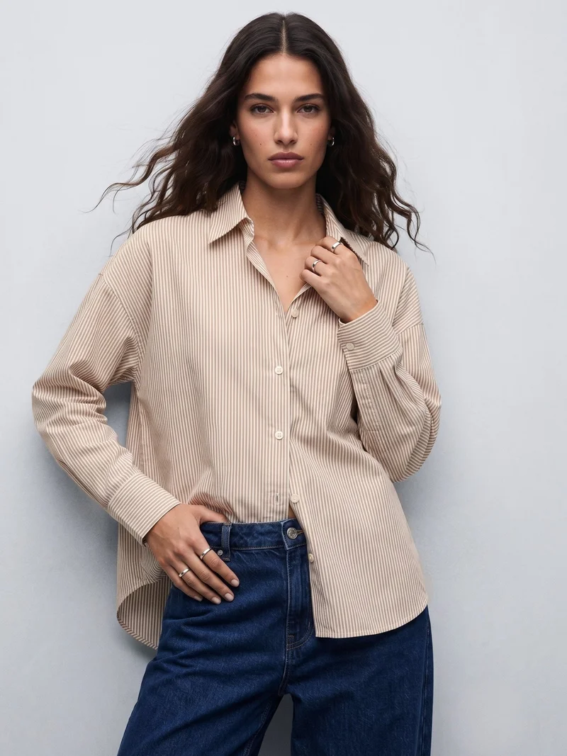 Outzidr Brown Oversized Drop Shoulder Y/D Stripe Shirt