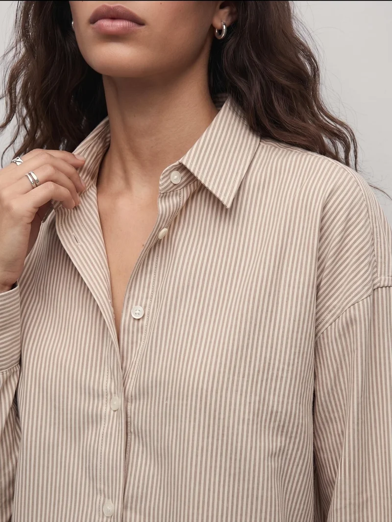Outzidr  Brown Oversized Drop Shoulder Y/D Stripe Shirt for Women | Best Price UAE