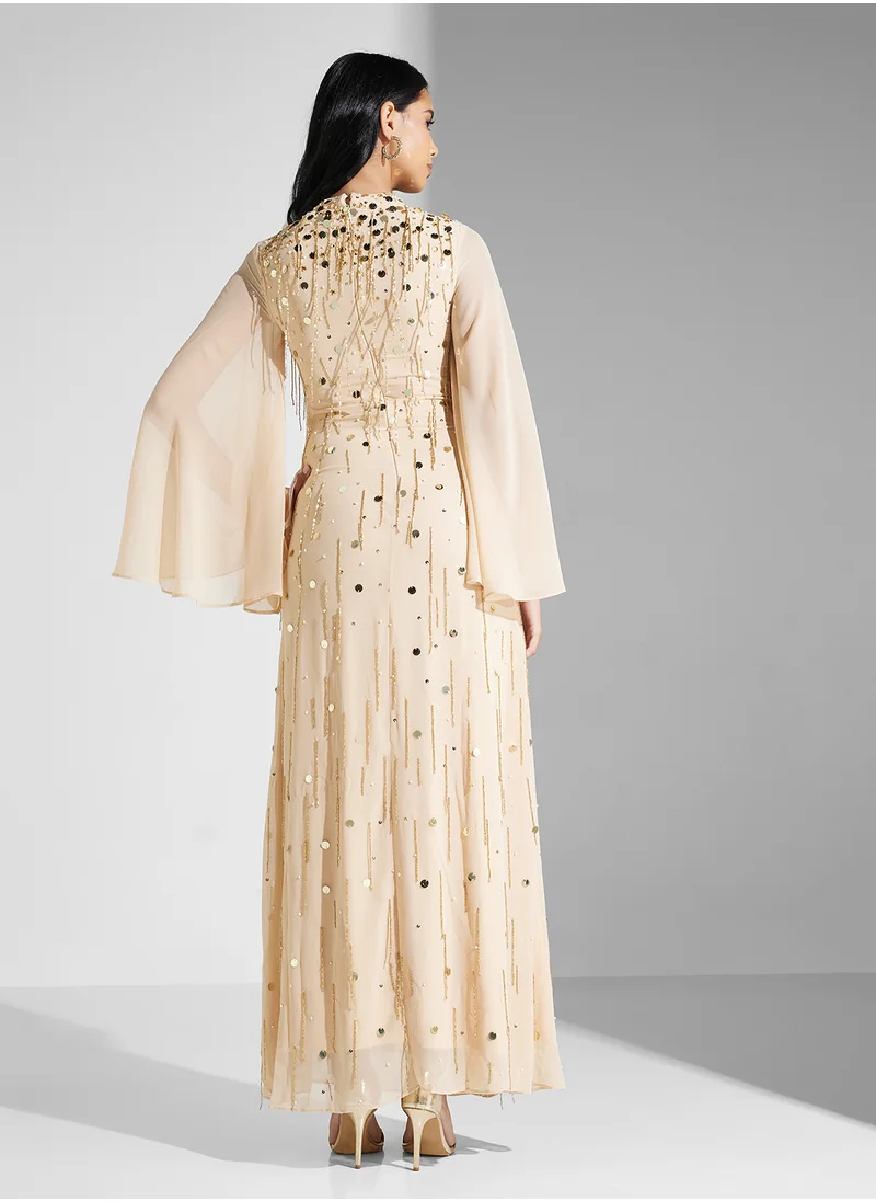 Amelia Rose Embellished Flared Sleeve Dress