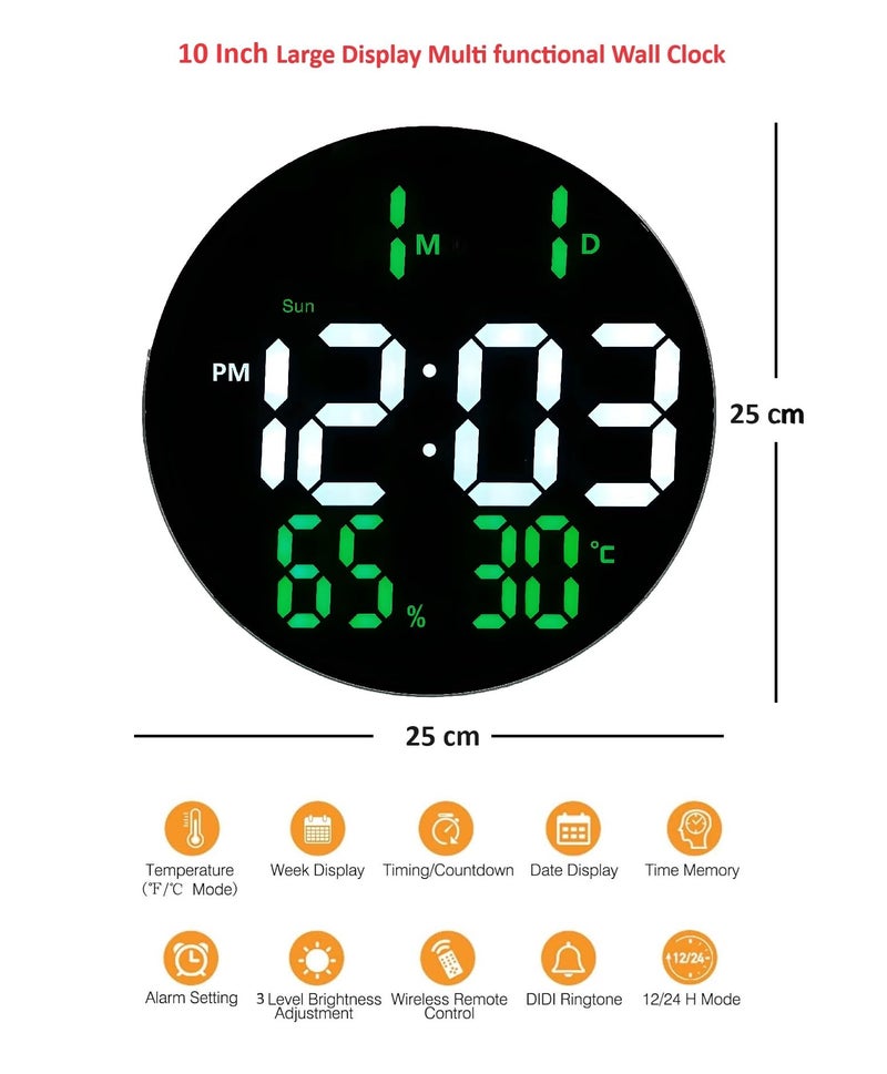De'rons 10" Plastic Digital Wall Clock with Remote Control & Alarm for Home Décor Office 12/24 Hours Temperature Humidity Date Week Silent Electronic Digital Wall Clock (DC-3813 Green) - Image 3