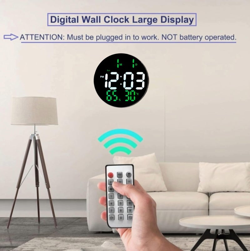 De'rons 10" Plastic Digital Wall Clock with Remote Control & Alarm for Home Décor Office 12/24 Hours Temperature Humidity Date Week Silent Electronic Digital Wall Clock (DC-3813 Green) - Image 2
