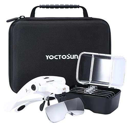 YOCTOSUN Magnifying Glasses with Light, Head Mount Magnifier with 5 Lenses, Headband, Storage Case, Hands Free LED Lighted Head Magnifying Visor for Close Work Hobby Crafts - Image 1