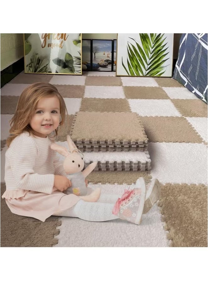 Plush Foam Floor Mat,Interlocking Carpet,Plush Puzzle Foam Floor Mat,Tiles Plush Puzzle Foam Floor Mat,Square Interlocking Carpet Tiles,Square Interlocking Fluffy Tiles,Soft Area Rugs,Border Fluffy Play Mat,Soft Climbing Area Rugs,Plush Foam Floor Mat for Home Playroom Decor,30x30cm (beige)  - Image 3