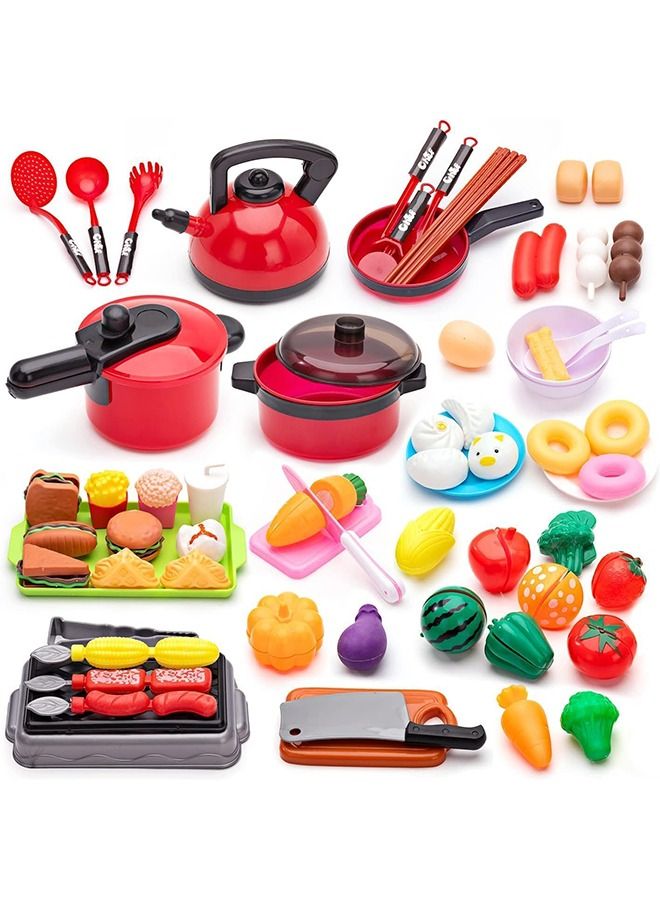 Arabest 73 PCS Play Kitchen Accessories Toy, Toddler Kitchen Toy Set, Including Pots, Pans and Fruits, Fake Play Kitchen Toys for Kids - Image 1