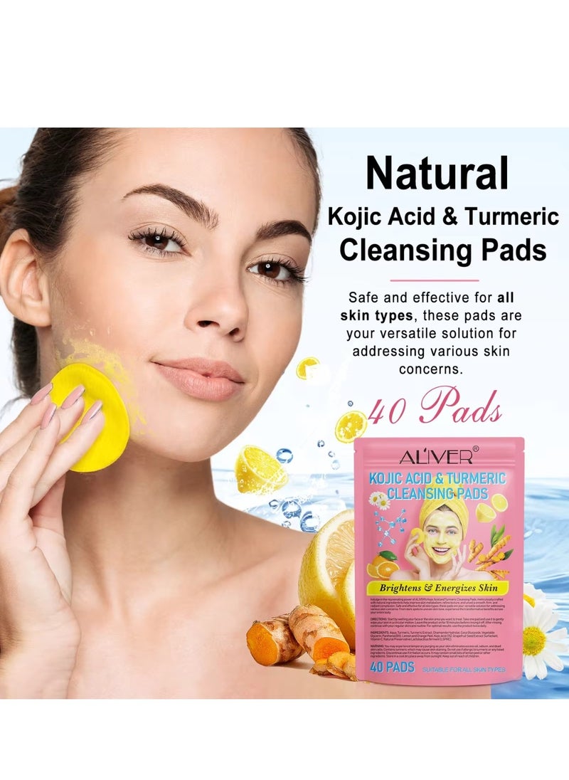 ALIVER 40Pcs Kojic Acid & Turmeric Cleansing Pads for Dark Spots Turmeric Kojic Acid Cleansing Pads Helps Balance Skin Oil & Water Fade Spot Remove Excess Keratin Clean Oil Kojic Acid Pads  - Image 3