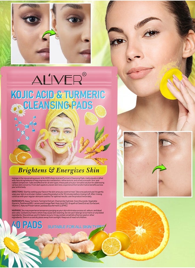 ALIVER 40Pcs Kojic Acid & Turmeric Cleansing Pads for Dark Spots Turmeric Kojic Acid Cleansing Pads Helps Balance Skin Oil & Water Fade Spot Remove Excess Keratin Clean Oil Kojic Acid Pads  - Image 1
