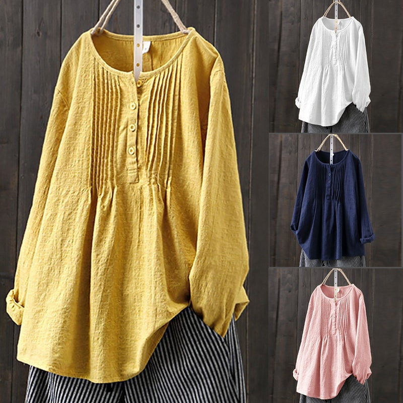 Women's Loose Cotton Linen Long Sleeve Pleated Round Neck Blouse - Image 1