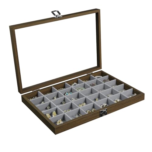 Stratalife Wood Jewelry Organizer 30 Grid Earring Tray Jewelry Holder Ring Box Earring Holder Organizer with Clear Lid Ring Storage for Women Vintage Style - Image 1