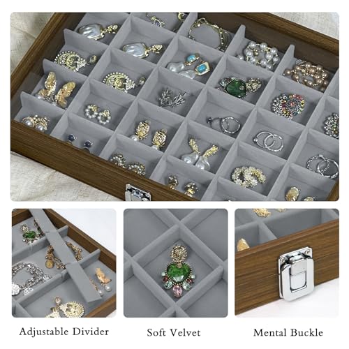 Stratalife Wood Jewelry Organizer 30 Grid Earring Tray Jewelry Holder Ring Box Earring Holder Organizer with Clear Lid Ring Storage for Women Vintage Style - Image 2