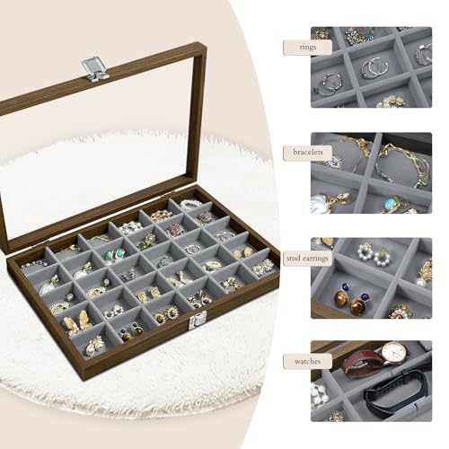 Stratalife Wood Jewelry Organizer 30 Grid Earring Tray Jewelry Holder Ring Box Earring Holder Organizer with Clear Lid Ring Storage for Women Vintage Style - Image 4