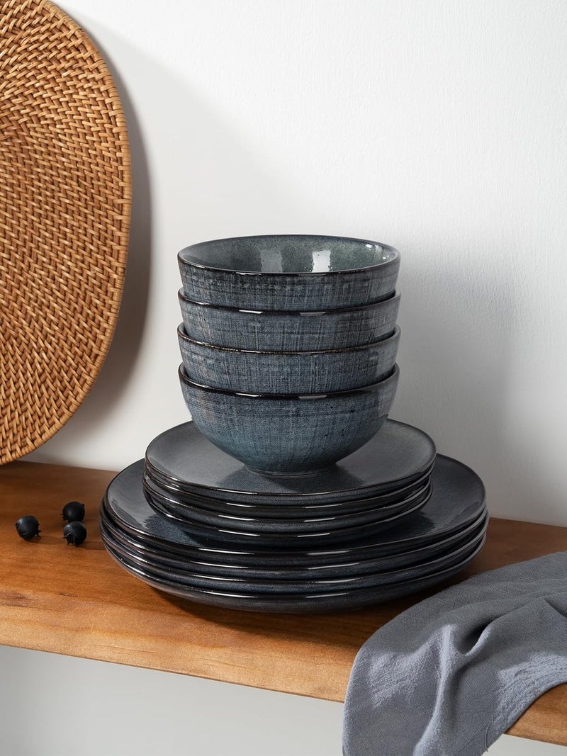 Famiware Famiware Moonlight Plates and Bowls Sets 18 Pieces Stoneware Dinnerware Sets with Linen Finish Handmade Dishware set for 6 Microwave and Dishwasher Safe Scratch Resistant Tableware Dark Blue  - Image 4