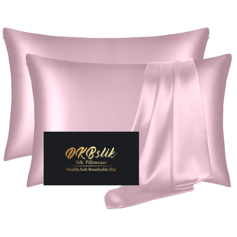 DKBslik Silk Pillowcase 2 Pack, Mulberry Silk Pillow Cases Queen Size Set of 2, Anti Acne Silk Pillowcase for Hair and Skin, Natural Silk Satin Pillowcases Gifts for Women Men 2 Pack with Zipper, Light Pink - Image 1