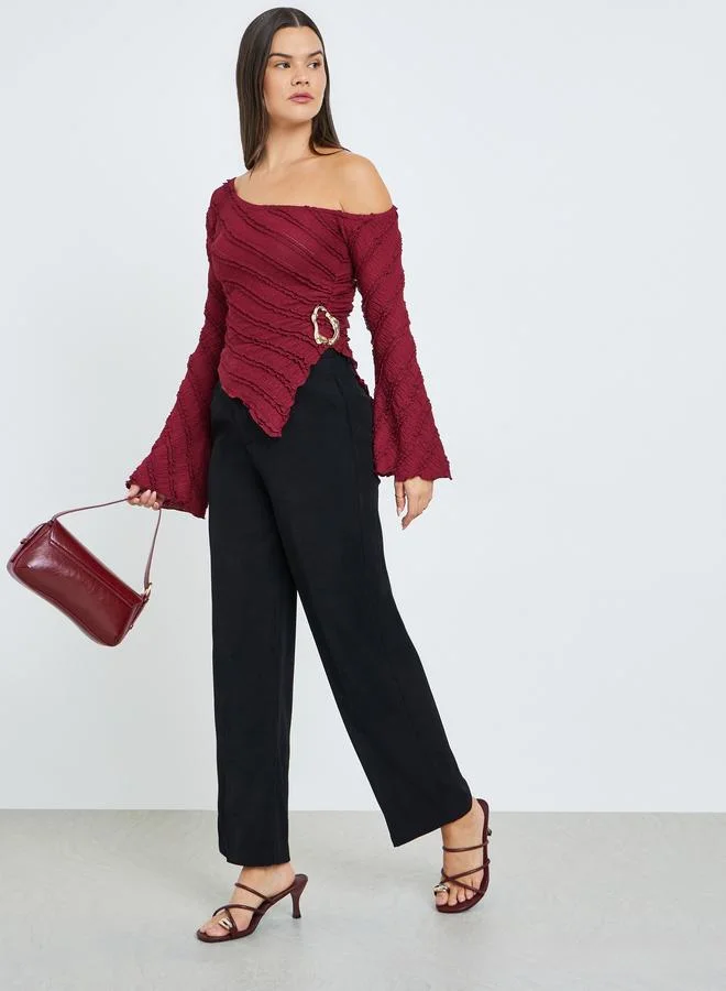 Take Two Burgundy One-Shoulder Buckle Detail Top