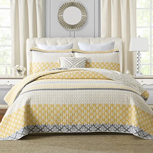 SahSahCasa Quilt King Size, King Quilt Set, 100% Cotton Floral Quilt, King Quilt Bedding Set Bedspreads, Patchwork Reversible Lightweight Comforter Bed Spread for All Season, Yellow/Gray, 3 Pieces - Image 1