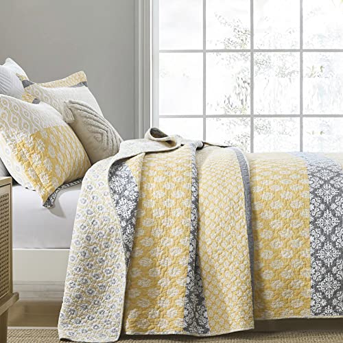 SahSahCasa Quilt King Size, King Quilt Set, 100% Cotton Floral Quilt, King Quilt Bedding Set Bedspreads, Patchwork Reversible Lightweight Comforter Bed Spread for All Season, Yellow/Gray, 3 Pieces - Image 3
