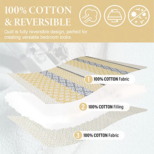 SahSahCasa Quilt King Size, King Quilt Set, 100% Cotton Floral Quilt, King Quilt Bedding Set Bedspreads, Patchwork Reversible Lightweight Comforter Bed Spread for All Season, Yellow/Gray, 3 Pieces - Image 4