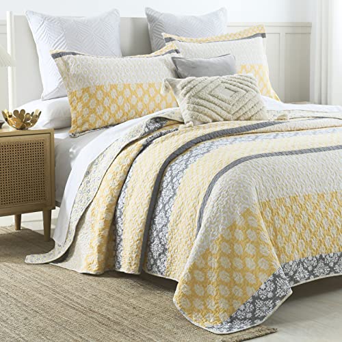 SahSahCasa Quilt King Size, King Quilt Set, 100% Cotton Floral Quilt, King Quilt Bedding Set Bedspreads, Patchwork Reversible Lightweight Comforter Bed Spread for All Season, Yellow/Gray, 3 Pieces - Image 2