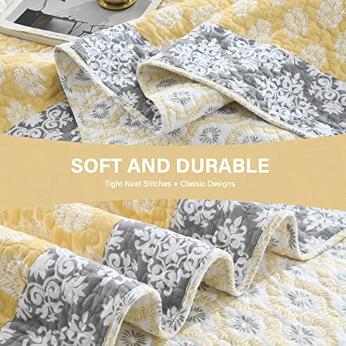 SahSahCasa Quilt King Size, King Quilt Set, 100% Cotton Floral Quilt, King Quilt Bedding Set Bedspreads, Patchwork Reversible Lightweight Comforter Bed Spread for All Season, Yellow/Gray, 3 Pieces - Image 5
