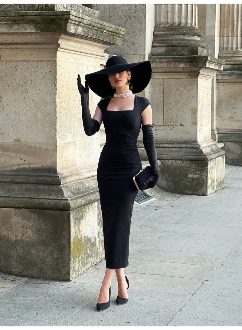 SCACTO Black Square Neck Hip Wrap Dress With Gloves 