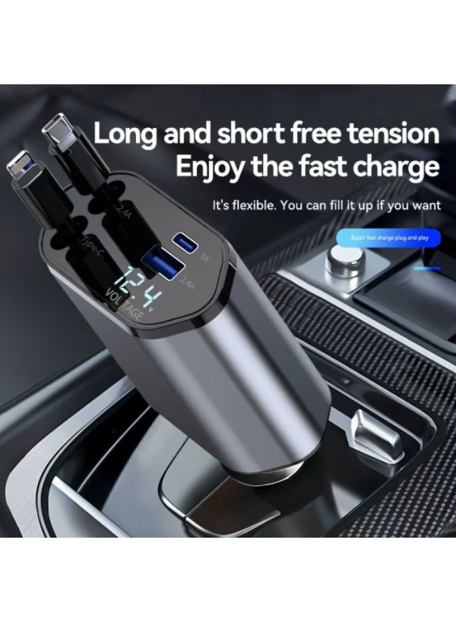 120W Car Charger, 4-In-1 USB Pd Car Charger Type C Fast Charging, Retractable Cable (31.5 Inch) And 2 Usb Ports Car Charger Adapter Type-C & Lightning Cables Compatible With Iphone 16/15/14/13/12 Pro Max Xr, Ipad, Pixel - Image 1