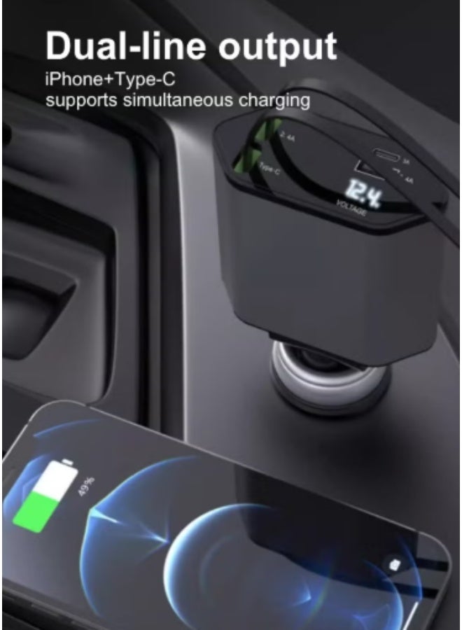120W Car Charger, 4-In-1 USB Pd Car Charger Type C Fast Charging, Retractable Cable (31.5 Inch) And 2 Usb Ports Car Charger Adapter Type-C & Lightning Cables Compatible With Iphone 16/15/14/13/12 Pro Max Xr, Ipad, Pixel - Image 2