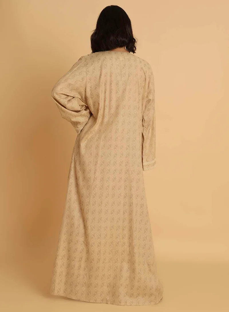 HANA & SARA Modest Printed Beige Arabic Jalabiya with Lace Trim