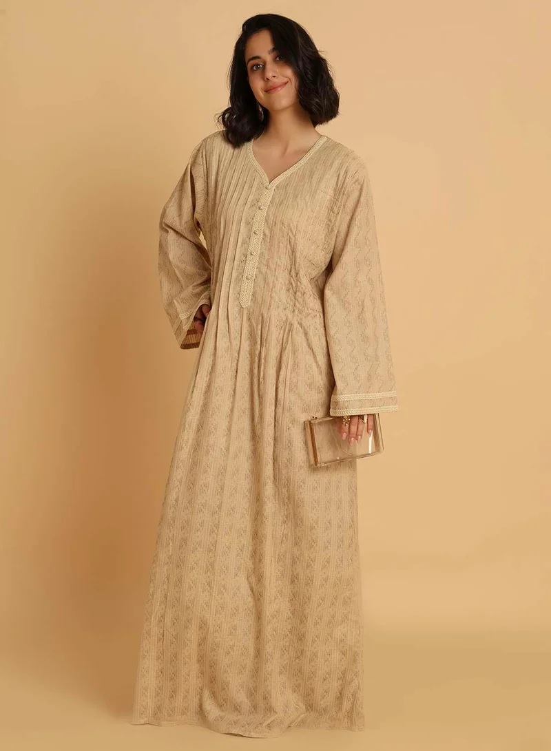 HANA & SARA Modest Printed Beige Arabic Jalabiya with Lace Trim