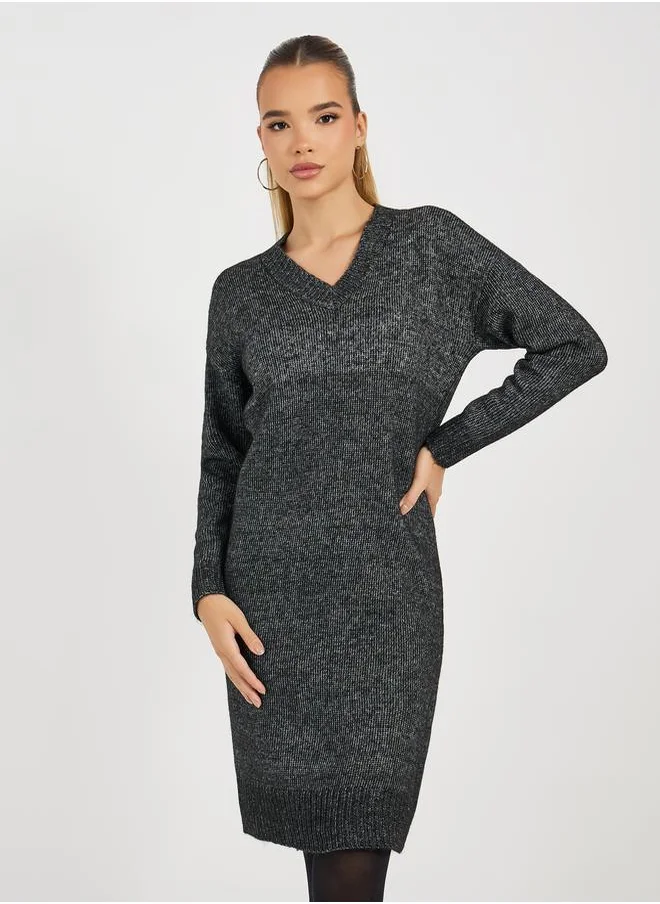 Styli Flat Knit V Neck Sweater Mini Dress