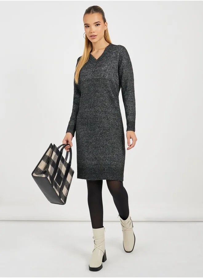 Styli Flat Knit V Neck Sweater Mini Dress