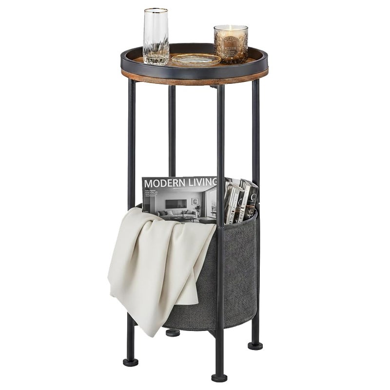 ZEXVIDA Small Round Side Table with Storage Basket, 2-Tier Round End Table for Living Room & Bedroom, 26" Tall Nightstand Modern Sofa End Table for Small Spaces (Rustic Brown) - Image 1