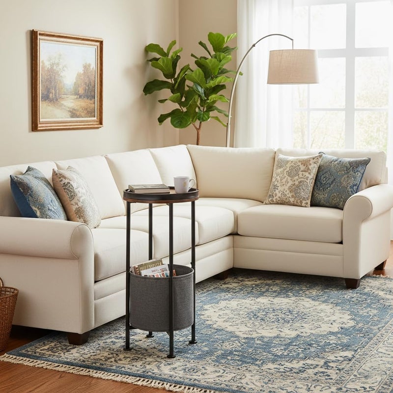 ZEXVIDA Small Round Side Table with Storage Basket, 2-Tier Round End Table for Living Room & Bedroom, 26" Tall Nightstand Modern Sofa End Table for Small Spaces (Rustic Brown) - Image 3