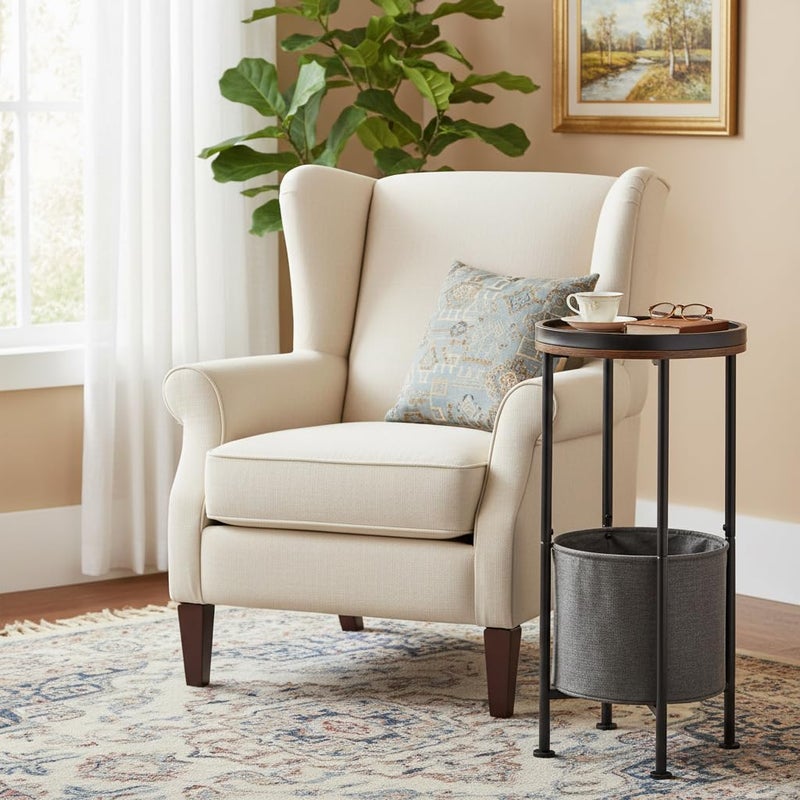 ZEXVIDA Small Round Side Table with Storage Basket, 2-Tier Round End Table for Living Room & Bedroom, 26" Tall Nightstand Modern Sofa End Table for Small Spaces (Rustic Brown) - Image 2