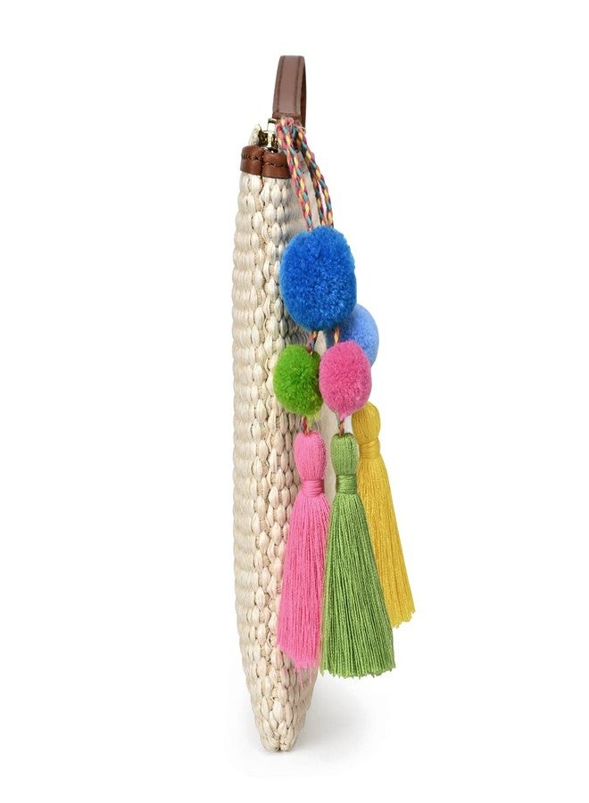 Masien Rauder Luxury Straw Wristlet Pouch Beach Clutch Bag Small Summer Vacation Purse w. Colorful Pom Poms Tassels for Women, Beige - Image 4