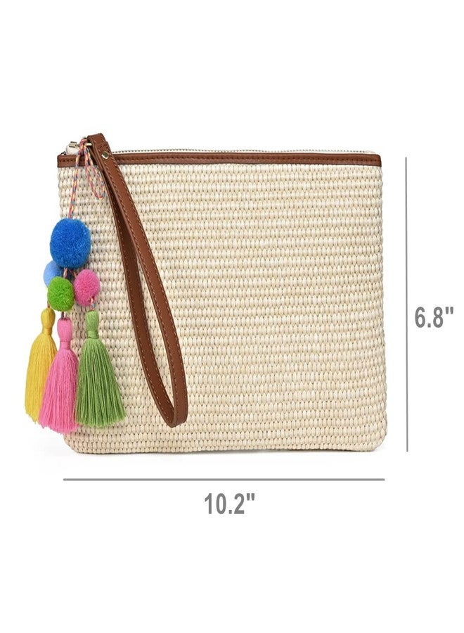 Masien Rauder Luxury Straw Wristlet Pouch Beach Clutch Bag Small Summer Vacation Purse w. Colorful Pom Poms Tassels for Women, Beige - Image 5