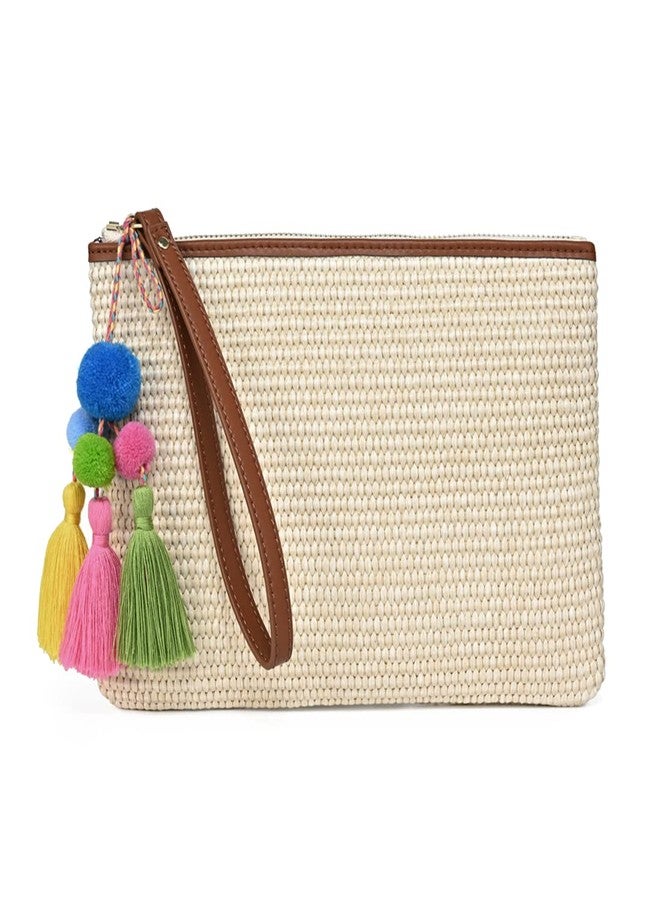 Masien Rauder Luxury Straw Wristlet Pouch Beach Clutch Bag Small Summer Vacation Purse w. Colorful Pom Poms Tassels for Women, Beige - Image 1