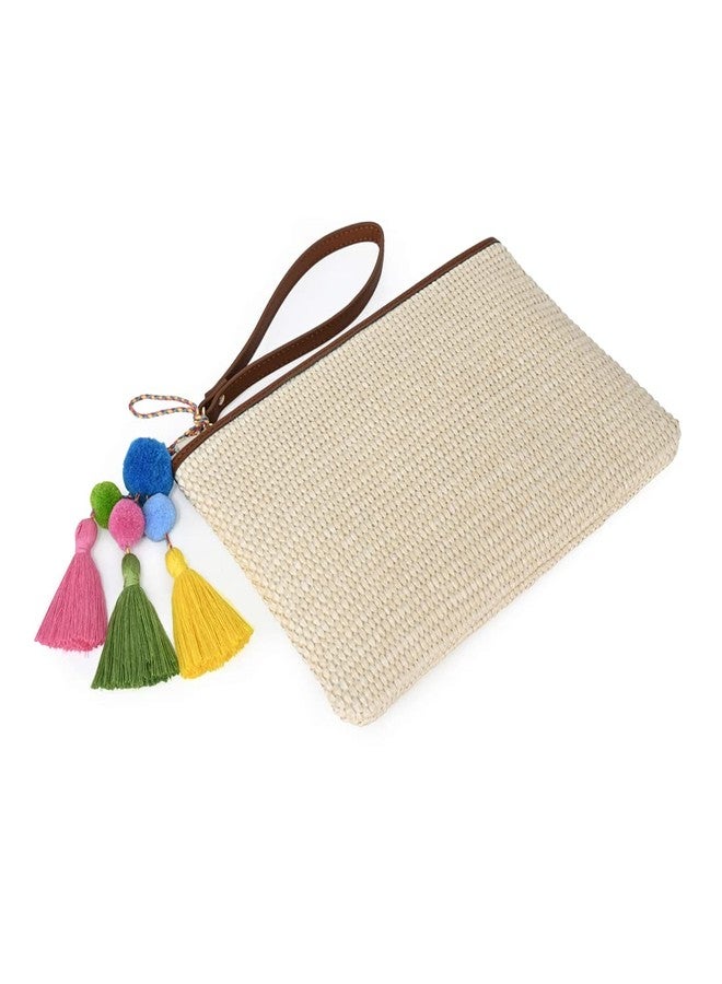 Masien Rauder Luxury Straw Wristlet Pouch Beach Clutch Bag Small Summer Vacation Purse w. Colorful Pom Poms Tassels for Women, Beige - Image 3