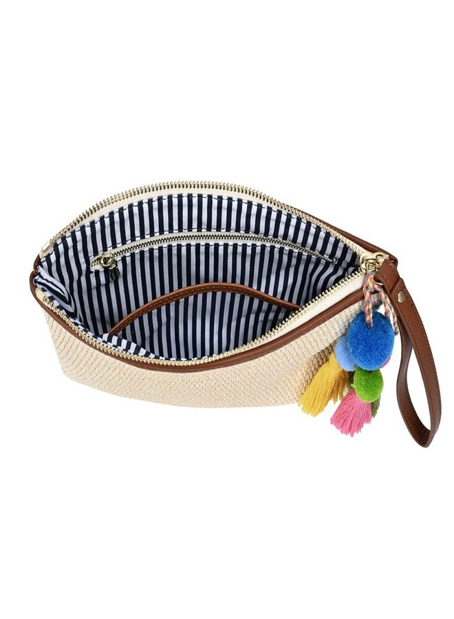 Masien Rauder Luxury Straw Wristlet Pouch Beach Clutch Bag Small Summer Vacation Purse w. Colorful Pom Poms Tassels for Women, Beige - Image 2