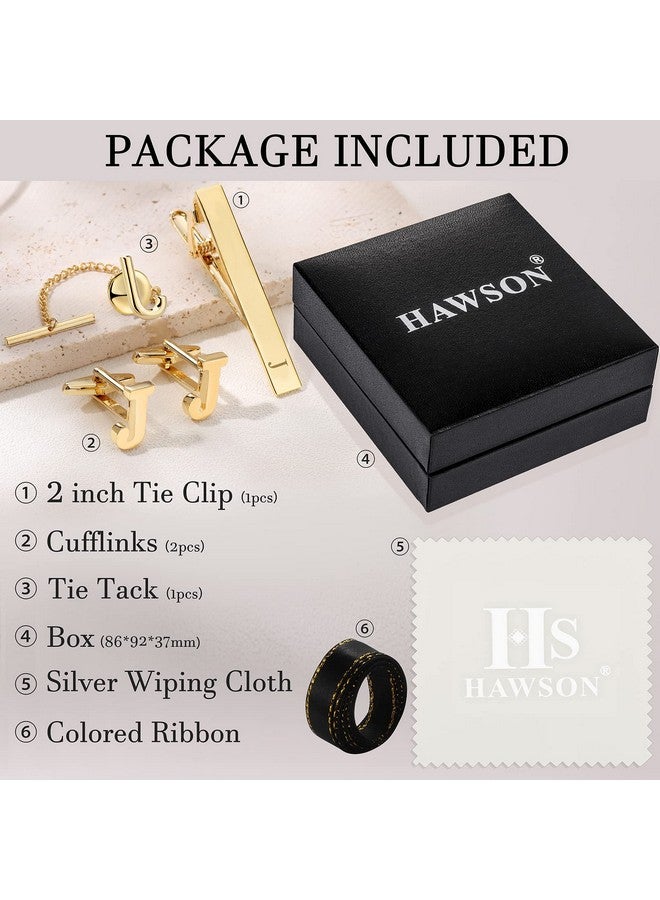 HAWSON أزرار أكمام للرجال، مشابك ربطة عنق للأولاد، دبوس ربطة عنق للرجال، مجموعة مجوهرات باللون الذهبي مع علبة هدايا، مجوهرات بحرف أول مخصص له - Image 2