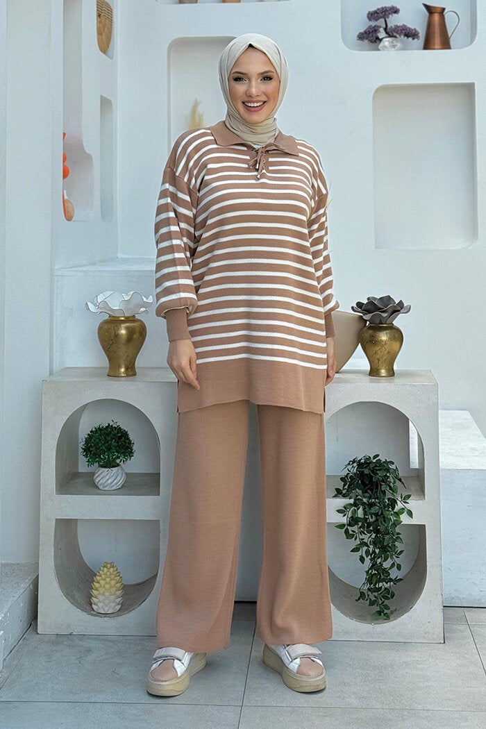 Bym Fashion Collar Tie Detailed Tunic and Trousers Two Piece Knitwear Set 2-1515 Mink  - Image 1