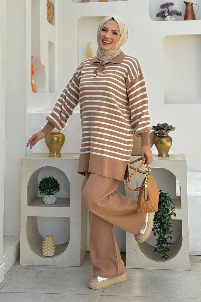 Bym Fashion Collar Tie Detailed Tunic and Trousers Two Piece Knitwear Set 2-1515 Mink  - Image 3