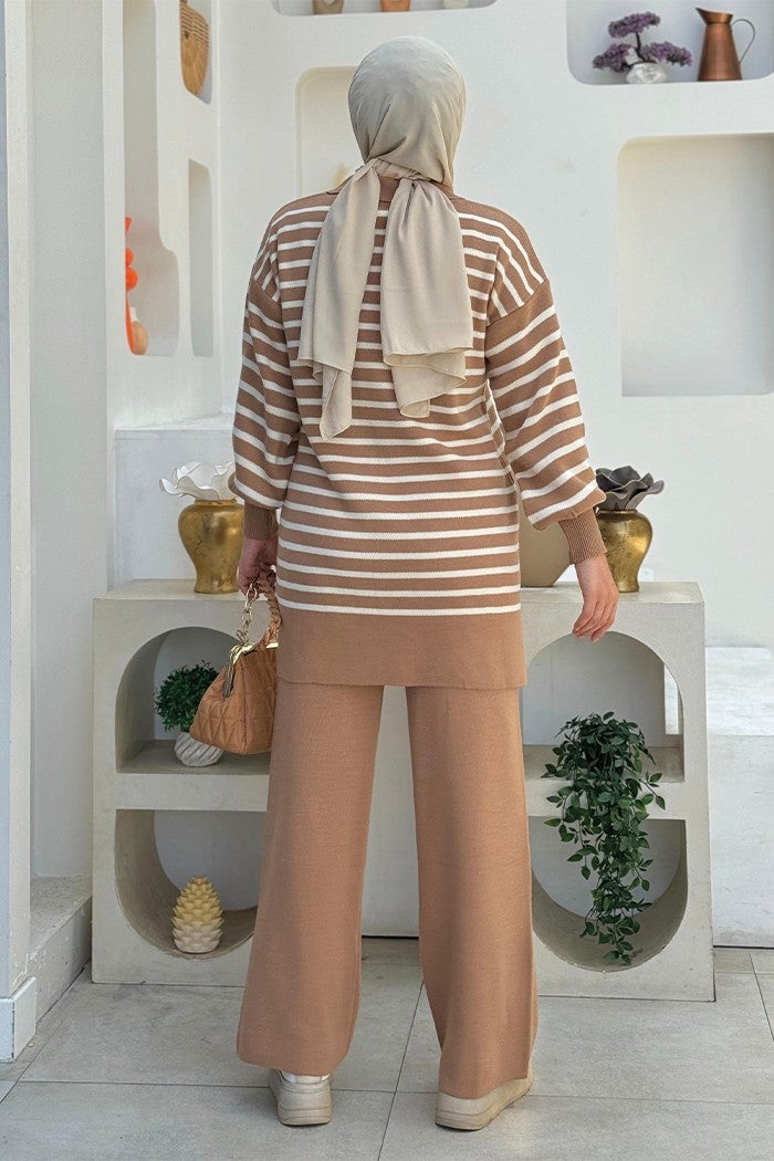 Bym Fashion Collar Tie Detailed Tunic and Trousers Two Piece Knitwear Set 2-1515 Mink  - Image 2