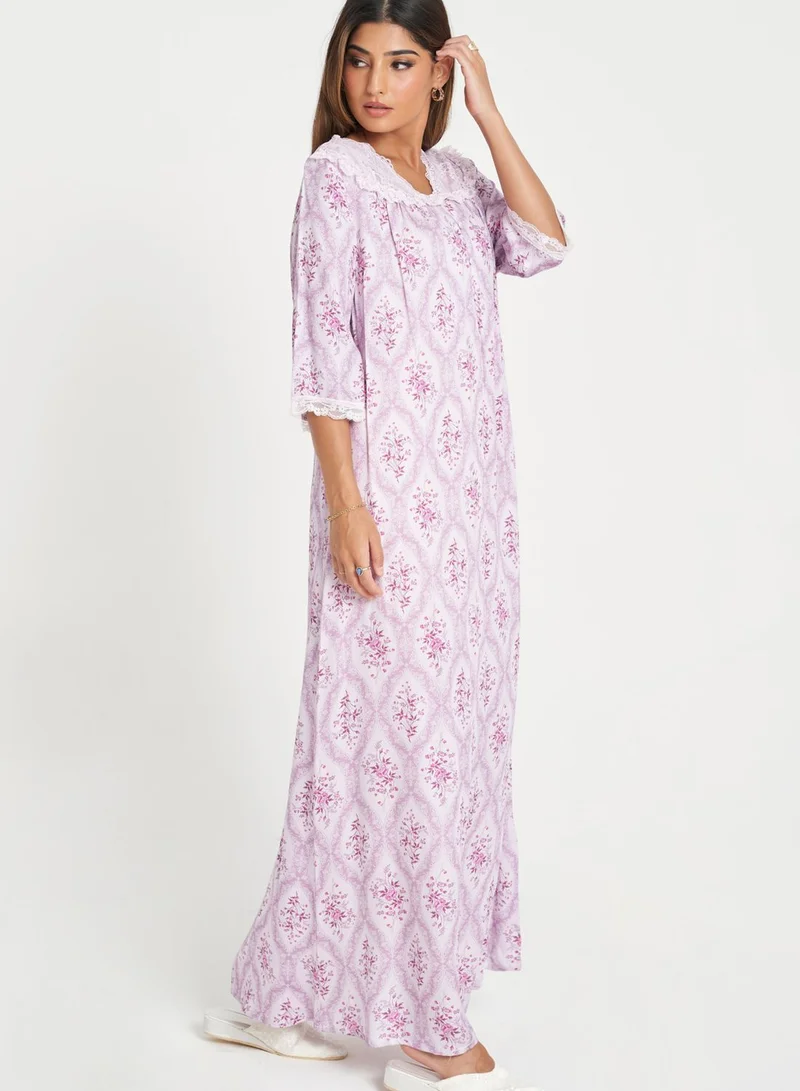 KASHKHA Lace Trim Printed Yoke Nightdress