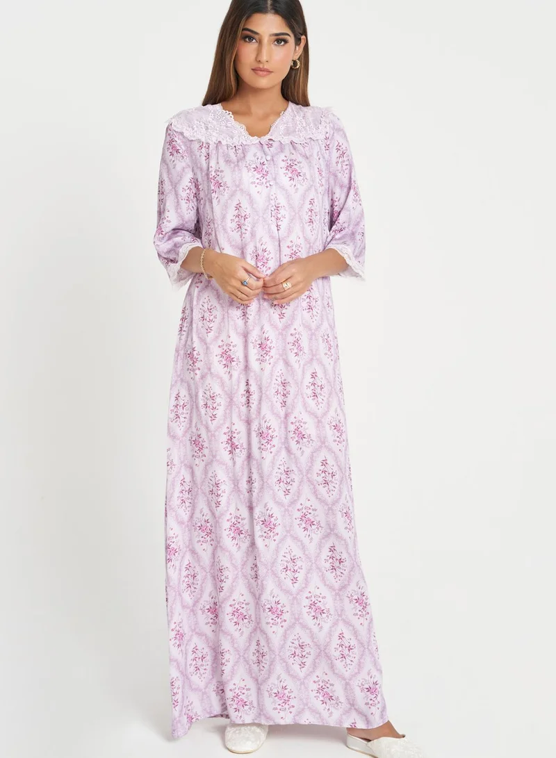 KASHKHA Lace Trim Printed Yoke Nightdress
