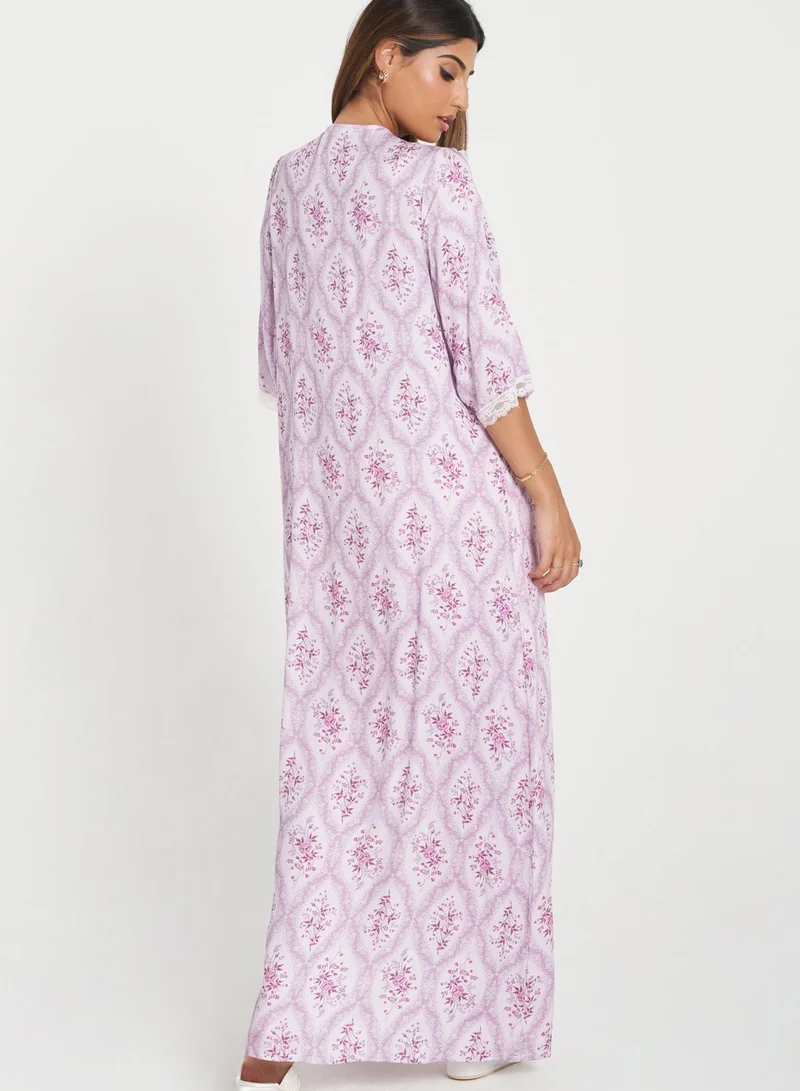 KASHKHA Lace Trim Printed Yoke Nightdress