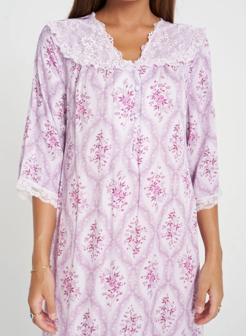 KASHKHA Lace Trim Printed Yoke Nightdress