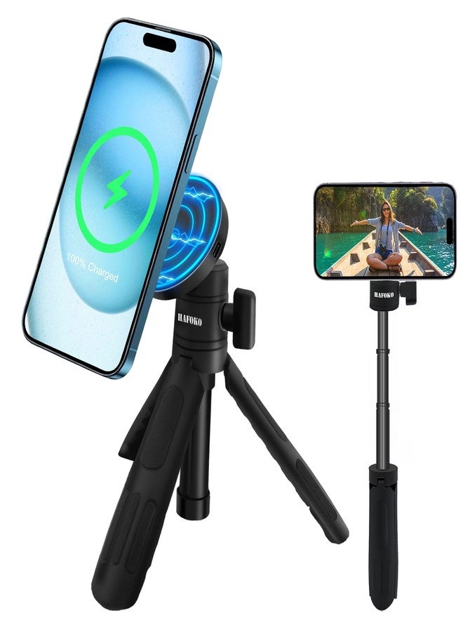 HAFOKO Magnetic Cell Phone Selfie Stick Tripod with 1/4" Magnetic Wireless Charging Mount Extendable Mini Desktop Smartphone Tripod compatibel for Magsafe iPhone 17/16/15/14/13/12 Pro Max - Image 1