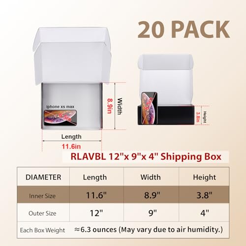 RLAVBL 12x9x4 Shipping Boxes Set of 20, Black Corrugated Cardboard Box for Packing, Mailing, Business, Gift - Image 2