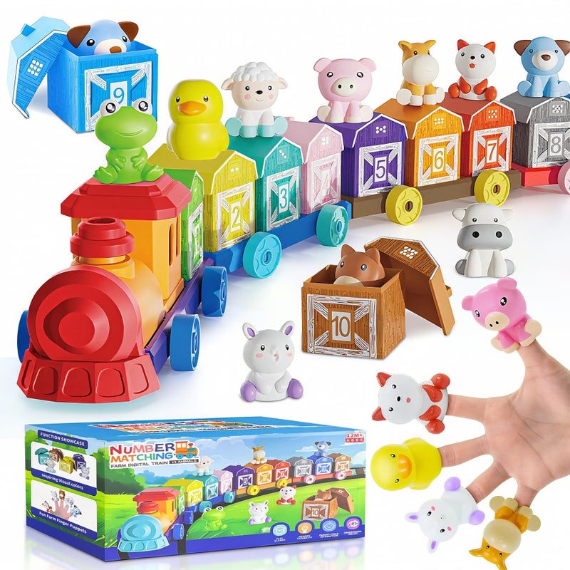 XPQKDC Toddler Learning Toys for 1 2 3 Year Old Farm Animal Train Set with Counting Sorting Matching 10 Farm Animals Finger Puppets Barns Easter Christmas Birthday Preschool Gift for Baby Boys Girls - Image 3