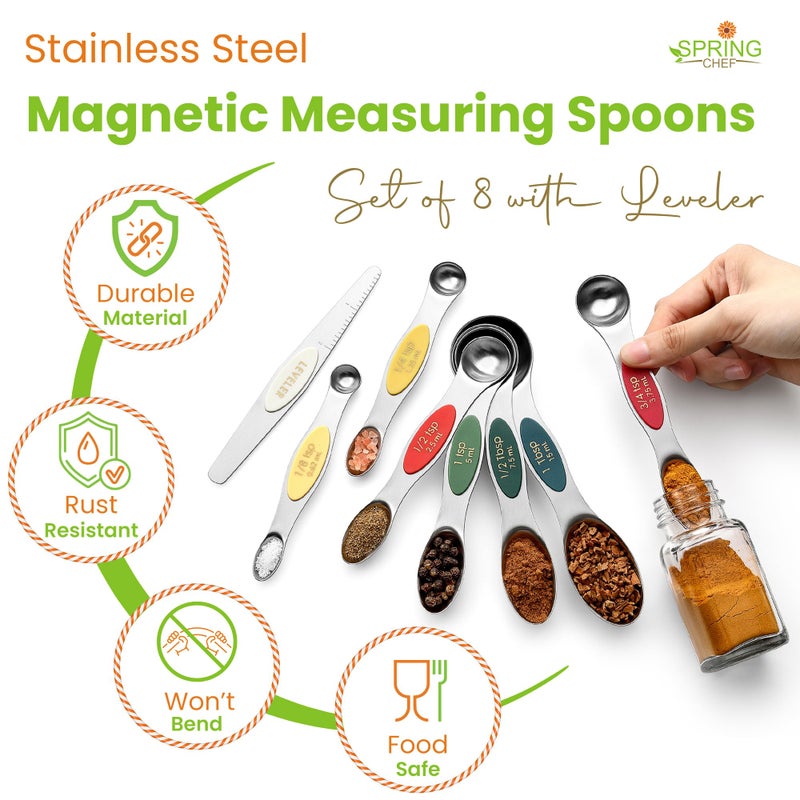 Spring Chef Stainless Steel Magnetic Measuring Spoons Set of 8 with Leveler, Metal Teaspoon & Tablespoon Measure Spoons Set for Baking & Cooking, Stackable & Double Sided Kitchen Gadgets - Very Merry - Image 2