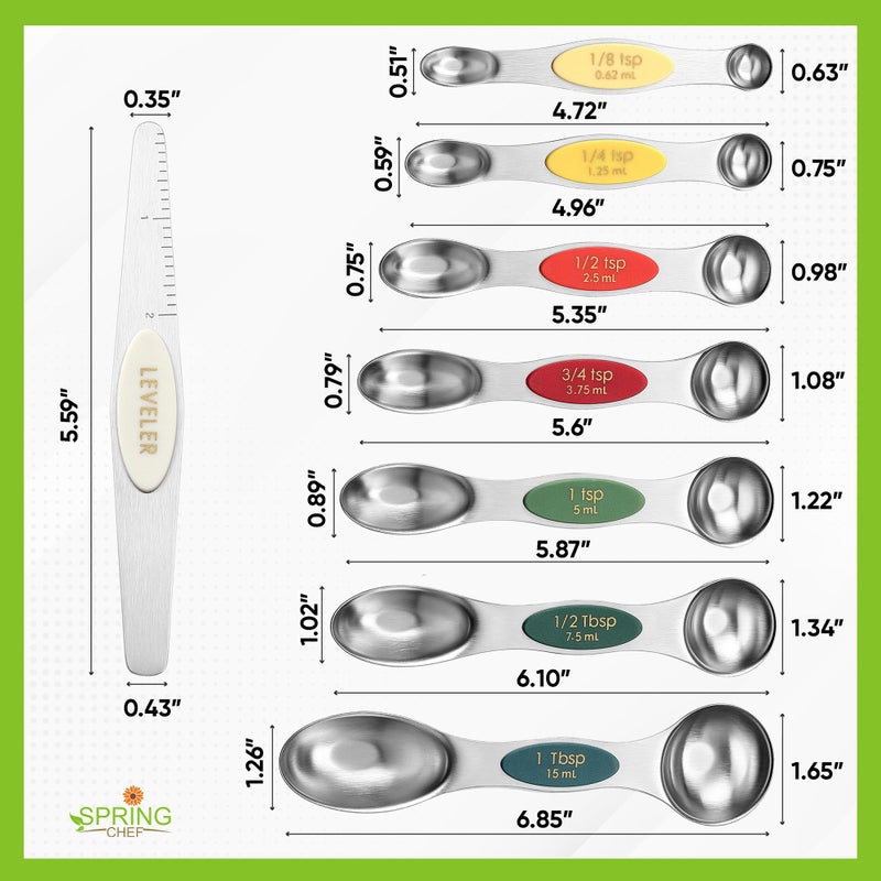 Spring Chef Stainless Steel Magnetic Measuring Spoons Set of 8 with Leveler, Metal Teaspoon & Tablespoon Measure Spoons Set for Baking & Cooking, Stackable & Double Sided Kitchen Gadgets - Very Merry - Image 3